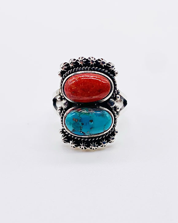 TURQUOISE & CORAL RING ⋄ Size 5