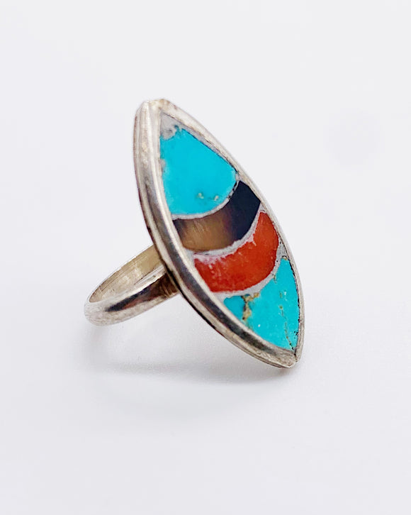 NAVAJO TURQUOISE, CORAL, & TIGER EYE INLAY RING ⋄ Size 5