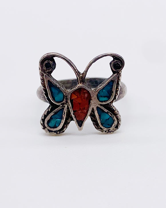 NAVAJO TURQUOISE & CORAL BUTTERFLY RING ⋄ Size 6