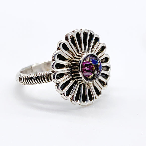 PINK DAHLIA TURQUOISE FLOWER SHIELD RING ⋄ Size 7