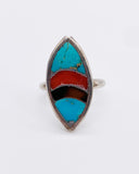 NAVAJO TURQUOISE, CORAL, & TIGER EYE INLAY RING ⋄ Size 5