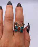 NAVAJO TURQUOISE & CORAL BUTTERFLY RING ⋄ Size 6