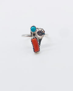 NAVAJO TURQUOISE & CORAL FLOWER RING ⋄ Size 6