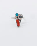 NAVAJO TURQUOISE & CORAL FLOWER RING ⋄ Size 6